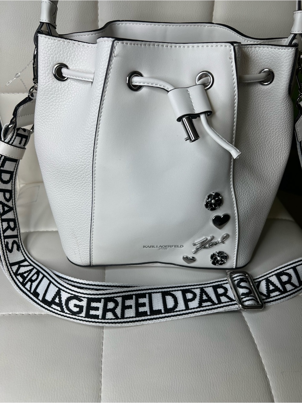 Karl Lagerfeld White Leather Drawstring Bucket Bag with Logo Strap